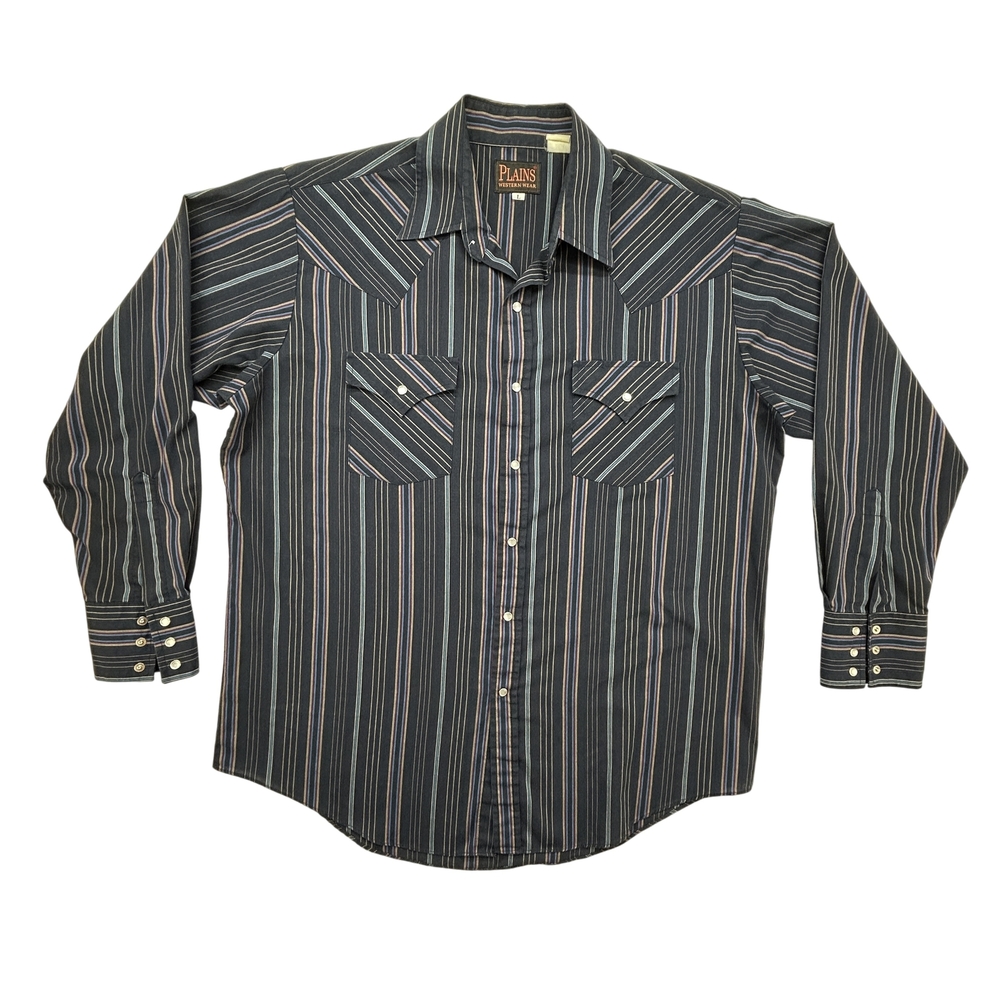 Plains Western Wear Shirt Mens Large Pearl Snap Striped Rodeo Cowboy 80s 90s
